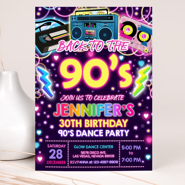La fête d'invitation d'anniversaire des années 90 invite les années 90 à rembobiner les années 90, danse, 30, 40, Memphis, néon, carte, modèle numérique modifiable BT49