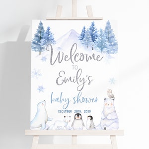 Cartello di benvenuto per baby shower nel Paese delle Meraviglie Invernali, poster per baby shower con scritta "Fa freddo fuori, orso polare, animali artici, fiocchi di neve nel bosco", modificabile BS06B