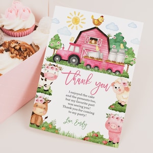 Carte de remerciement pour baby shower à la ferme, animaux de la grange, fête d'anniversaire fille, note de remerciement rose, animaux de la basse-cour, ranch, tracteur imprimable BS62P AT12P