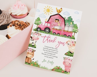 Bauernhof Babyparty Danke-Karte Scheunen-Tiere Mädchen-Geburtstags-Party Dankeschön-Hinweis Rosa Barnyard Tiere Ranch Tractor Printable BS62P AT12P