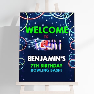 Letrero de bienvenida de cumpleaños de bolos, decoración de fiesta divertida, póster con brillo de neón, letrero deportivo para porche delantero para niños, niño y niña, plantilla editable BT25G