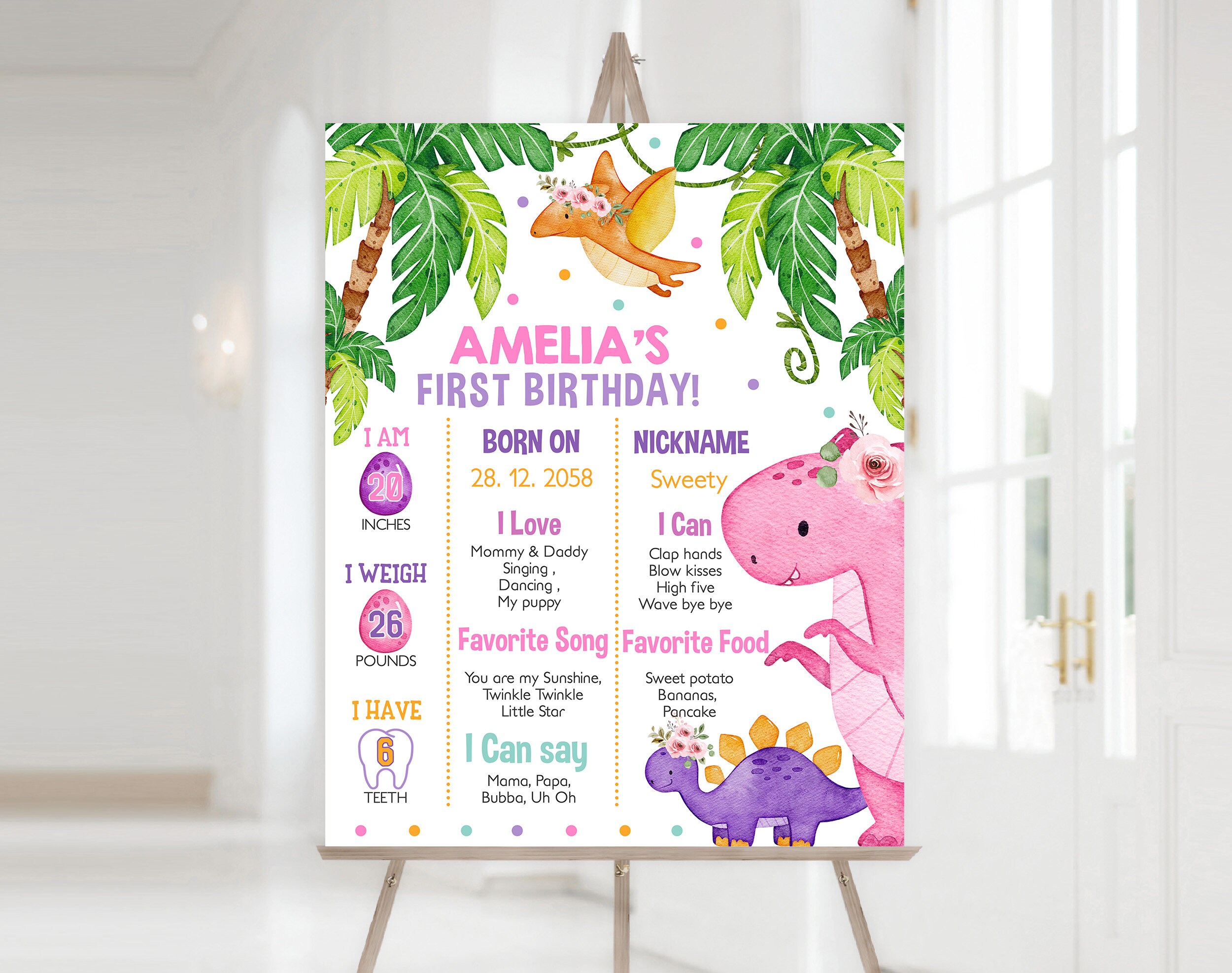 Dinosaur Birthday Milestone Board Sign Girl 1st First Birthday Decor ...