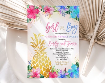 Invitación para revelar el género de Luau, hawaiana, tropical, Aloha, baby shower, fiesta de verano, piña dorada, rosa o azul, para él o ella, editable, BS19M