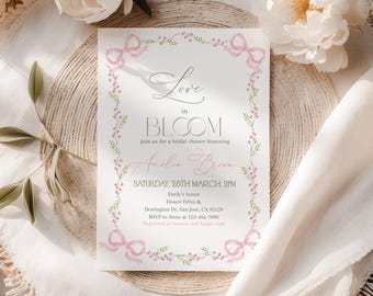 Love in Bloom Bridal Shower Invitation, Pink Bow Wildflower Wedding Invite, Coquette Ribbon Spring Garden Flowers Floral EDITABLE BR07P