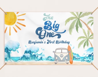 The Big One Surf Birthday Backdrop Banner Boy Surfs Up 1st Birthday Decor Surfing Beach Party Retro Surf Van Photo Booth EDITABLE AT01B