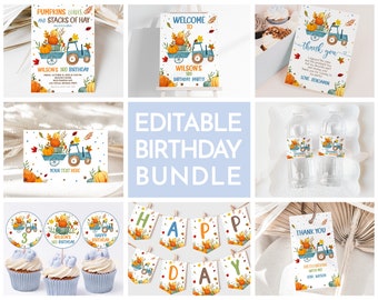 Può includere: Set stampabile modificabile per una festa di compleanno a tema autunnale. Il set include un cartello di benvenuto, biglietti di ringraziamento, etichette per bottiglie d'acqua, topper per cupcake e uno striscione. Il design presenta un trattore con zucche, foglie e fieno.