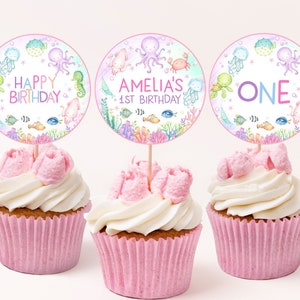 Adornos para cupcakes bajo el mar, animales del océano, decoración para fiesta de primer cumpleaños de niña, etiquetas para postres con animales marinos subacuáticos, imprimibles, AT07P