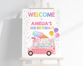 Ice Cream Truck Welcome Sign Girl 1st Birthday Party Decor Summer Party Poster Two Sweet One Here's the Scoop Porch Sign EDITABLE BT69P