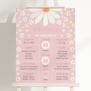 Letrero de margaritas para cumpleaños de niña, primer cumpleaños, decoración para fiesta, estilo retro, bohemio, con flores, margaritas, flores silvestres rosas, EDITABLE BT84P