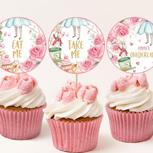 Alice in Wonderland Cupcake Toppers Onerderland Girl 1st Birthday Decor Mad Hatter Tea Party Pink Gold Floral Dessert Labels Printable BT11P