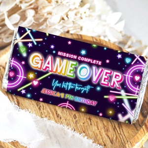 Laser Tag Chocolate Wrapper Girl Gamer Birthday Decor Kids Neon Glow Party Pink Rainbow Arcade Game Candy Bar Label 1.55oz Printable BT63P