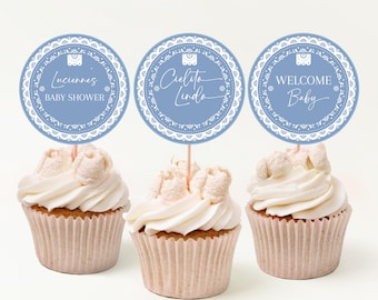 Cielito Lindo Cupcake Toppers Boy Blue Mexican Talavera Baby Shower Party Decor Papel Picado Barro Dessert Labels Printable Template AS42B