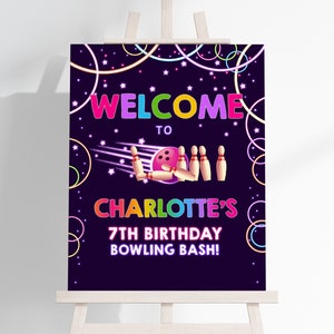 Letrero de bienvenida de cumpleaños de bolos, decoración de fiesta divertida, póster con brillo de neón, letrero deportivo para porche delantero para niños, niño y niña, plantilla editable BT25P