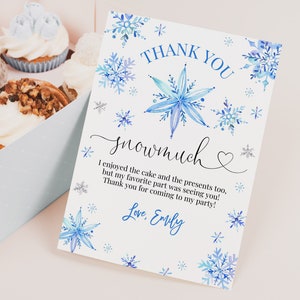 Tarjeta de agradecimiento para baby shower con copos de nieve, nota de agradecimiento para el primer cumpleaños de un niño, decoración de fiesta de invierno en el país de las maravillas, plantilla imprimible de Onederland BS74B AT19B