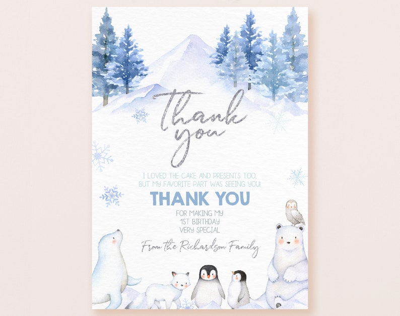 Winter Onederland Thank You Card Wonderland Baby Shower Thank You Note ...