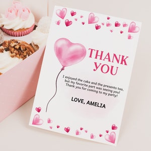 Tarjeta de agradecimiento para baby shower de San Valentín, nota de agradecimiento de cumpleaños para niña, primer día de San Valentín, corazones rosas y rojos imprimibles BS35P BT92P