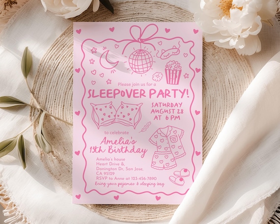 Sleepover Birthday Invitation, Pink Slumber Party Invite, Coquette Girls Night Pajama, Tween Teen, Doodle Hand Drawn Scribble EDITABLE CT17P