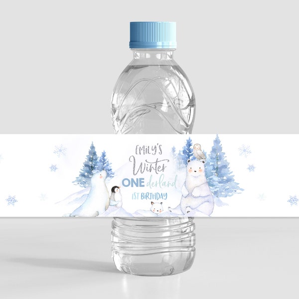 Étiquette de bouteille d'eau hiver Onederland pays des merveilles garçon fille 1er anniversaire fête décor ours polaire animaux de l'Arctique étiquettes de boissons imprimables BT46B