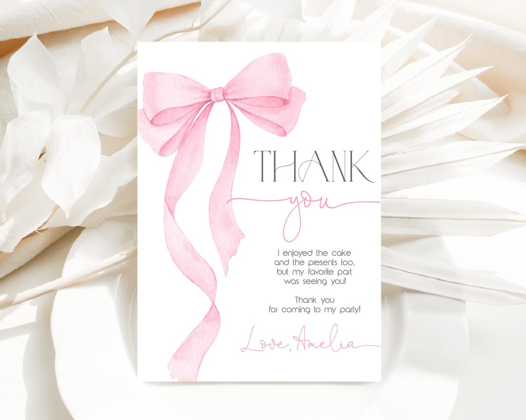 Pink Bow Baby Shower Thank You Card Coquette Girl 1st Birthday Note ...