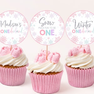 Snowflake Birthday Cupcake Toppers Winter Wonderland Girl First 1st Birthday Party Decor Winter Onederland Centerpiece Printable BT30P