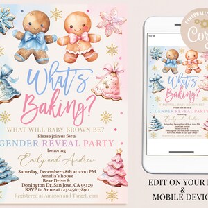 Pode incluir: Um convite para uma festa de revela&ccedil;&atilde;o de g&ecirc;nero com uma ilustra&ccedil;&atilde;o em aquarela de pessoas de gengibre e &aacute;rvores de Natal. O texto diz "What's Baking?" e inclui detalhes sobre a festa, incluindo a data, a hora, o local e as informa&ccedil;&otilde;es de RSVP. O convite &eacute; personalizado com o nome "Coril".