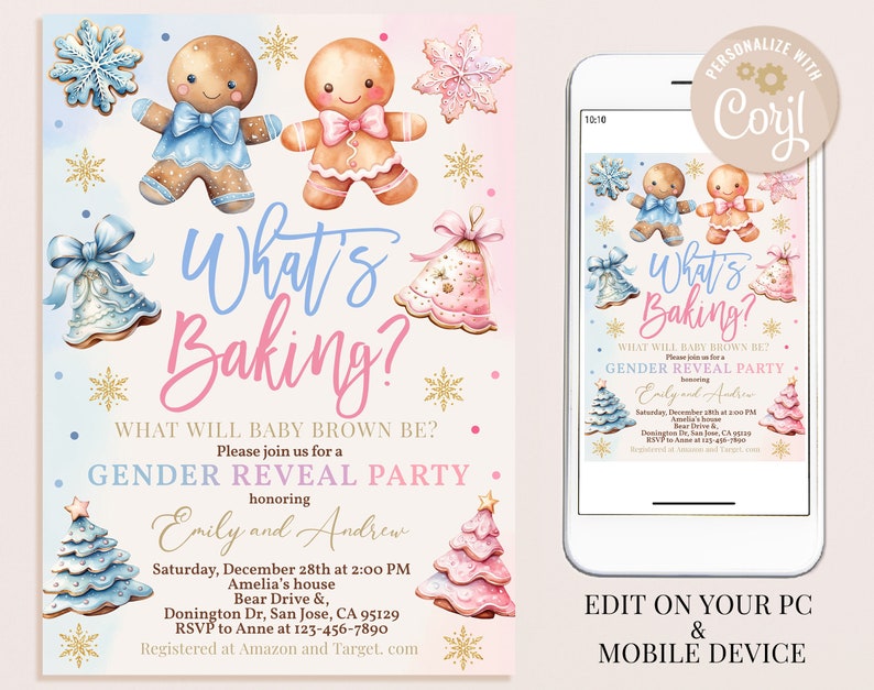 Pode incluir: Um convite para uma festa de revela&ccedil;&atilde;o de g&ecirc;nero com uma ilustra&ccedil;&atilde;o em aquarela de pessoas de gengibre e &aacute;rvores de Natal. O texto diz "What's Baking?" e inclui detalhes sobre a festa, incluindo a data, a hora, o local e as informa&ccedil;&otilde;es de RSVP. O convite &eacute; personalizado com o nome "Coril".