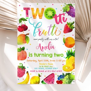 Twotti Frutti Birthday Invitation Tutti Fruity 2nd Birthday Invite Tropical Summer Party Fruit Two-tti Pineapple Watermelon EDITABLE BT62