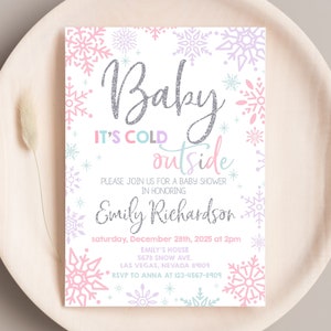Winter Baby Shower Invitation Baby Its Cold Outside Girl Baby Shower Invite Pink Purple Snowflake Winter Wonderland December EDITABLE BS10P