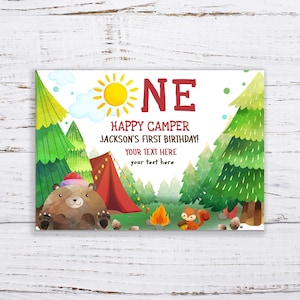 One Happy Camper Birthday Party Blank Card Custom Personalized Greetings Registry Outdoor Camp Bear Animal Instant Download Template BTD012