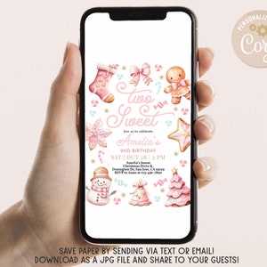 May include: A pink and blue digital invitation for a 2nd birthday party. The invitation features the text "Two Sweet Amelia's 2nd Birthday" and a variety of festive illustrations, including a gingerbread person, a candy cane, a stocking, and a Christmas tree.
