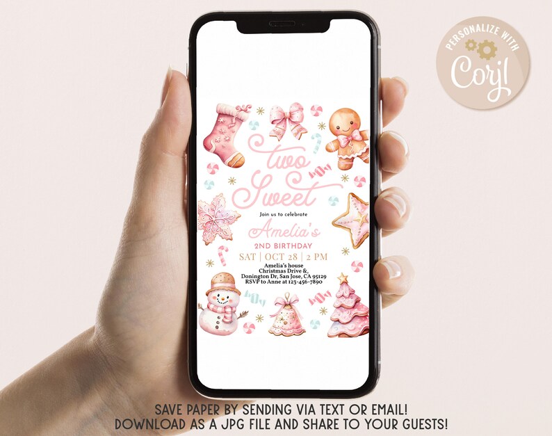 May include: A pink and blue digital invitation for a 2nd birthday party. The invitation features the text "Two Sweet Amelia's 2nd Birthday" and a variety of festive illustrations, including a gingerbread person, a candy cane, a stocking, and a Christmas tree.