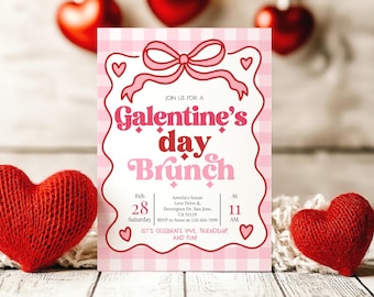 Zaproszenie na brunch z okazji Galentynek, Różowe zaproszenie w kratkę gingham na Walentynki, Ręcznie rysowane serce Coquette, Wieczór panieński, Edytowalny HL67P
