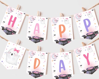 Halloween Birthday Banner Spooky One Girl 1st Birthday Party Decor Pink Halloween Cute Ghost Hey Boo Garland Kids EDITABLE Photo Prop BT87WP