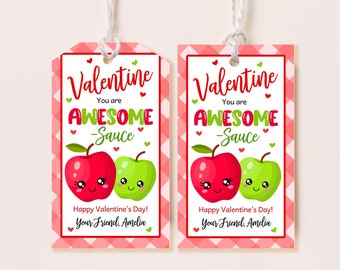 Awesome Sauce Valentine Tag Applesauce Valentines Day Tags Kids Classroom Party Favor School Gift Tags Printable Card Stickers Template HL38