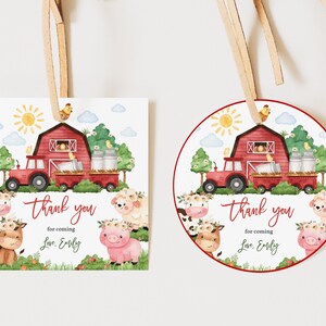Étiquettes de cadeau ferme baby shower, animaux de la grange, garçon fille, cadeau d'anniversaire, étiquette rouge, animaux de la basse-cour, verdure, ranch, vache, cochon, agneau, imprimable BS62R AT12R