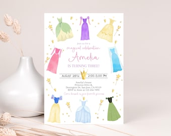 Prinses verjaardagsuitnodiging Er was eens prinsessenjurken nodigen Royal Girl roze aankleedfeest magische viering uit BEWERKBAAR AT14