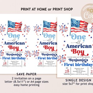 Op de afbeelding: Uitnodigingen voor een eerste verjaardag met een Amerikaanse vlag en vuurwerk. De tekst luidt "One all American Boy". De uitnodiging bevat de datum, tijd en locatie. Verkrijgbaar in letter (21,6 x 27,9 cm) of A4-formaat en een enkel ontwerp van 5x7 inch.