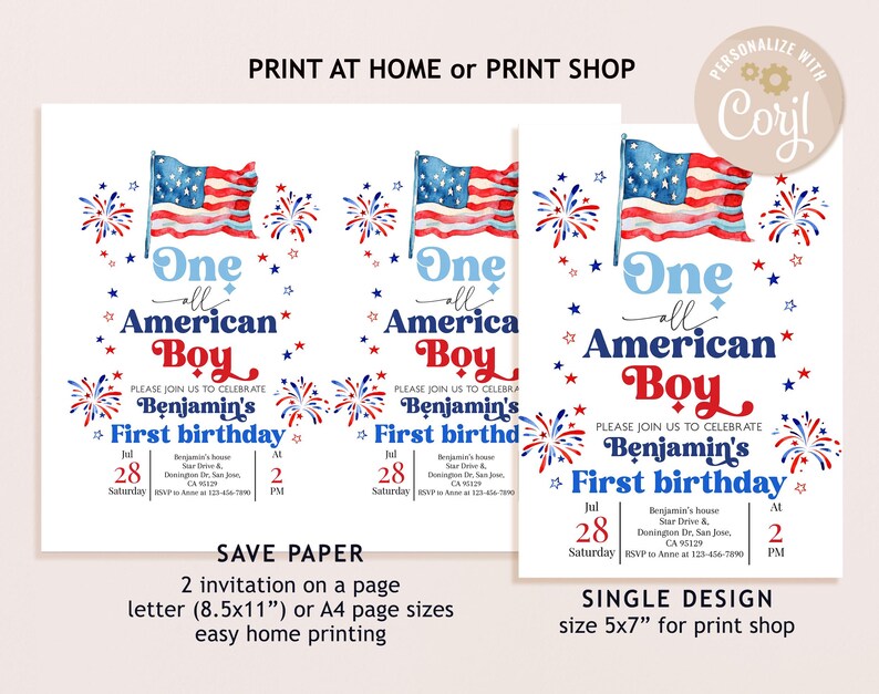 Op de afbeelding: Uitnodigingen voor een eerste verjaardag met een Amerikaanse vlag en vuurwerk. De tekst luidt "One all American Boy". De uitnodiging bevat de datum, tijd en locatie. Verkrijgbaar in letter (21,6 x 27,9 cm) of A4-formaat en een enkel ontwerp van 5x7 inch.