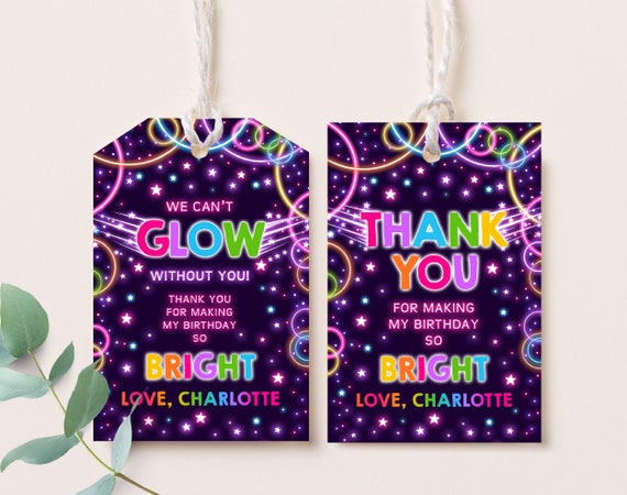 Glow Gift Tag Birthday Party Favor Label Boy Girl Neon Lets Crazy