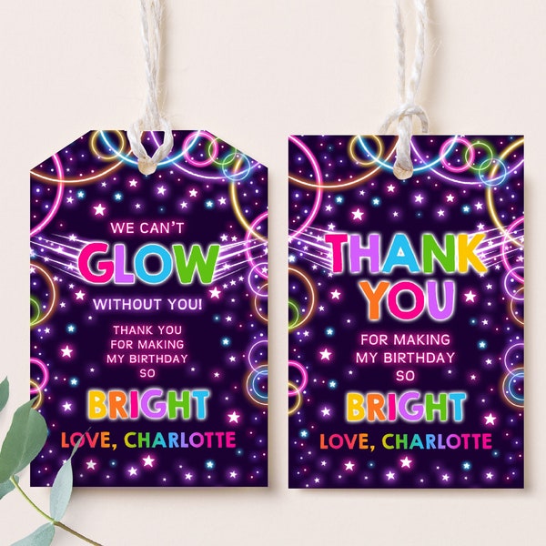 Glow Gift Tag Birthday Party Favor Label Boy Girl Neon Lets Crazy Dark Laser Rainbow Arcade Sports Sticker Instant Download Printable BT45