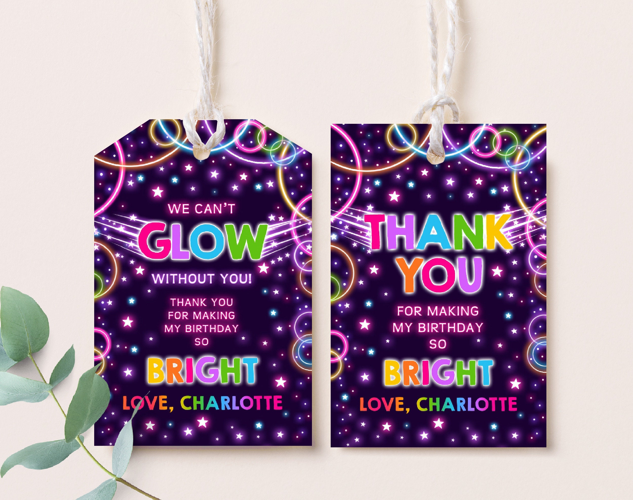 Glow Gift Tag Birthday Party Favor Label Boy Girl Neon Lets