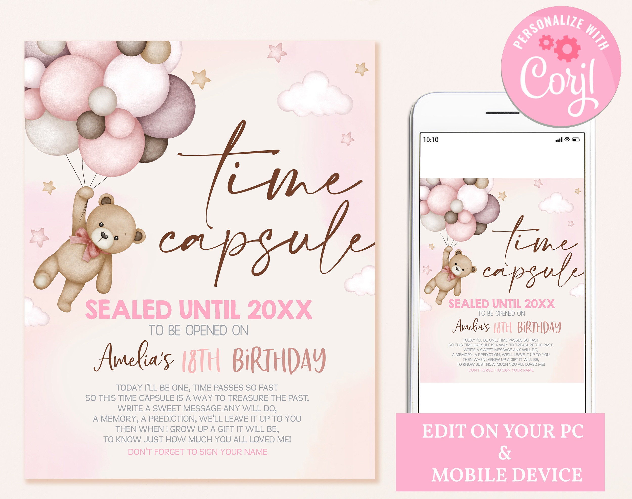 Teddy Bear Time Capsule Sign Girl 1st Birthday Party Guestbook Pampas ...