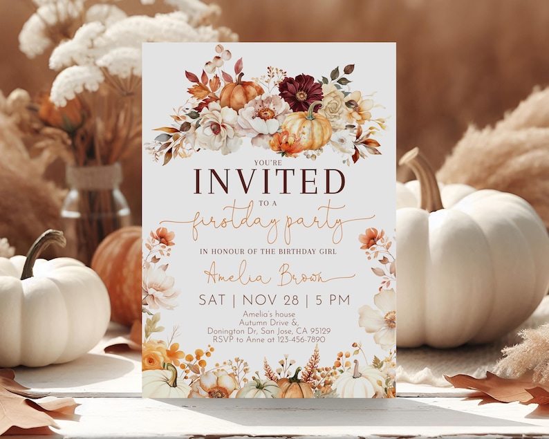 May include: A fall-themed invitation card with text that reads "You're Invited to a First Day Party" with floral and pumpkin illustrations. The card includes the name "Amelia Brown" and event details.