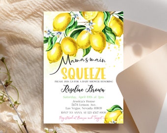 Cytrynowe zaproszenie na baby shower, zaproszenie na imprezę, słodkie maleństwo, letni wiosenny brunch, owoce cytrusowe, różowa lemoniada, edytowalne, cyfrowe, do druku BBS008