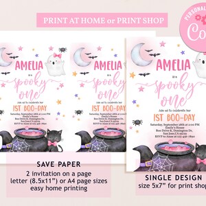 May include: Printable invitation for a girl's first birthday party with a Halloween theme. The invitation features a pink background with a ghost, a witch's hat, a cauldron, and a black cat. The text on the invitation reads "Amelia is a spooky one" and "1st Boo-Day".