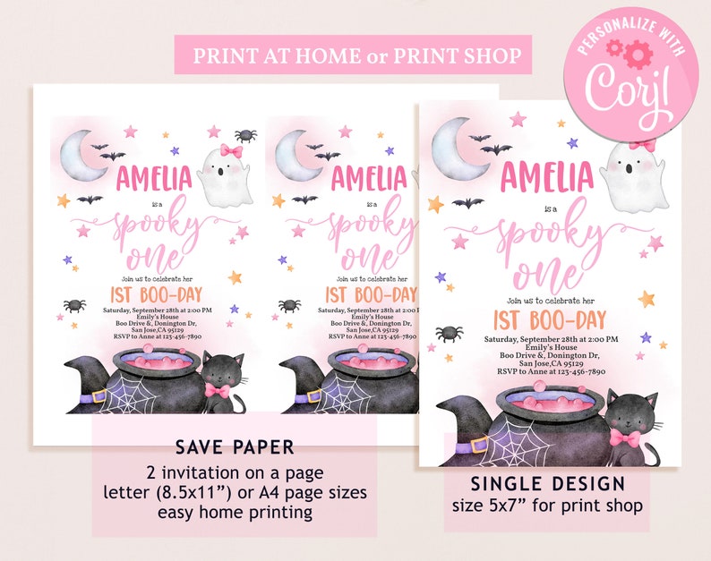 May include: Printable invitation for a girl's first birthday party with a Halloween theme. The invitation features a pink background with a ghost, a witch's hat, a cauldron, and a black cat. The text on the invitation reads "Amelia is a spooky one" and "1st Boo-Day".
