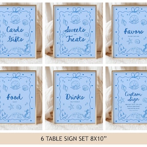Coastal Blue Seashells Table Signs Set, Ocean Birthday Poster Bundle, Beach Bridal Shower, Sea Baby Party Decor Printable BR20B AS80B CT15B