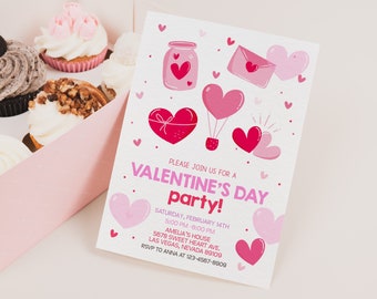 Valentines Day Invitation Brunch Party Invites Happy Valentine Dinner Card Pink Red Heart Love Holiday Party Flyer EDITABLE Template HL38