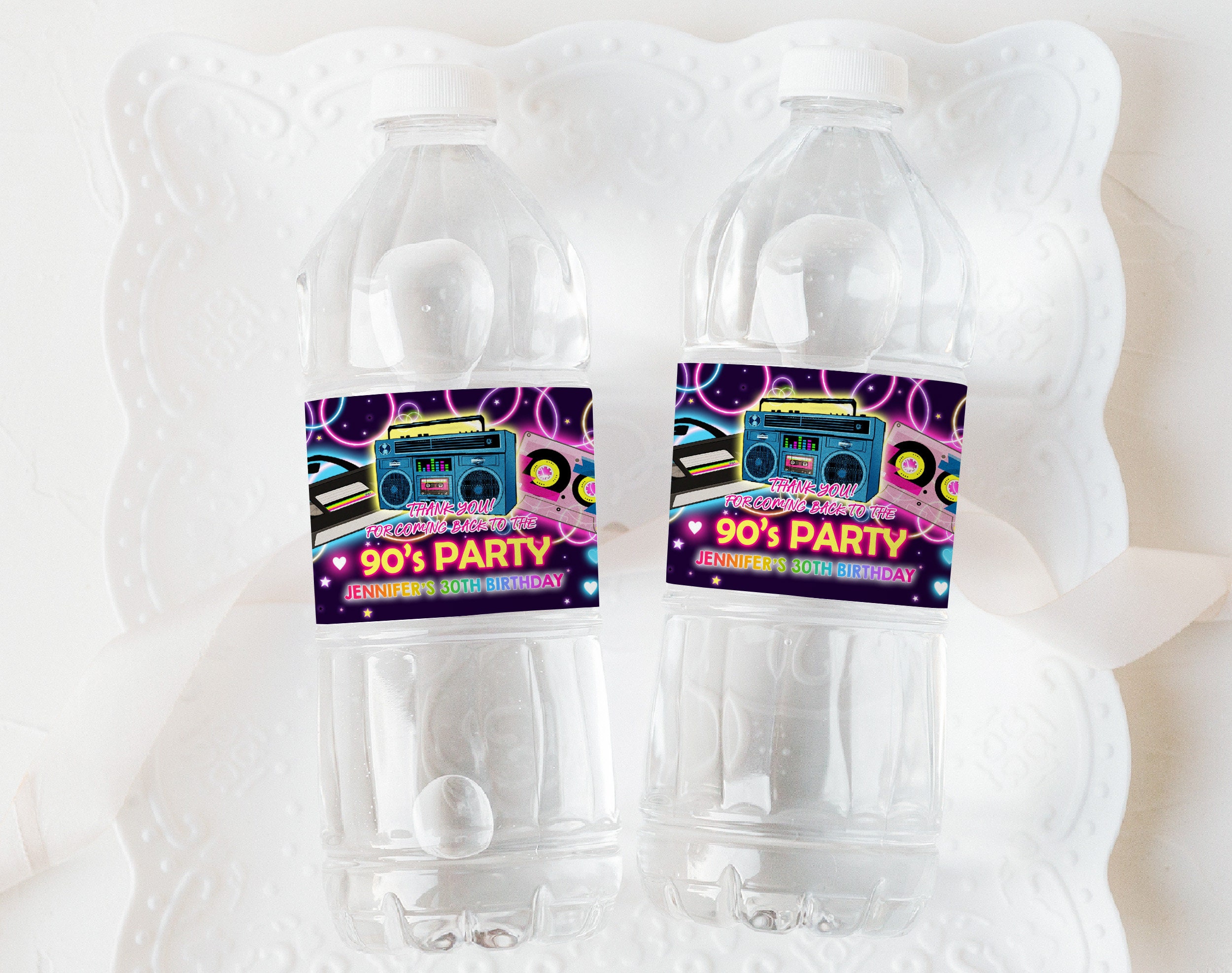 90's Throwback Party Water Bottle Sticker Labels - Set Of 20 Self-Adhesive 8.5x2 Inch Labels