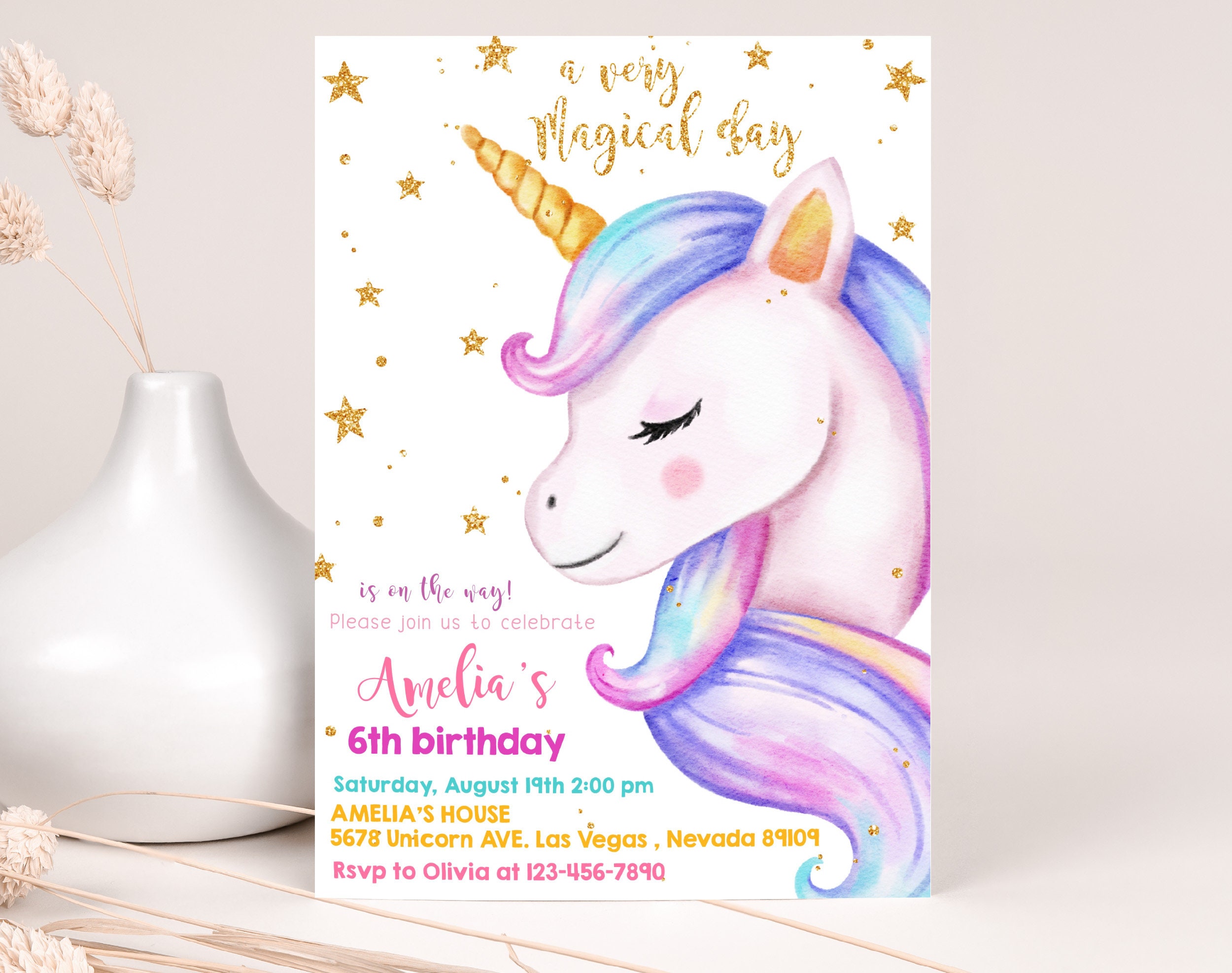 Invitación de cumpleaños de unicornio, mágica, pastel, arcoíris, para la  fiesta del primer cumpleaños de una niña. Invitación caprichosa con  estrellas brillantes rosas, moradas y doradas. EDITABLE. BT20P - Etsy México, image size:2500x1975